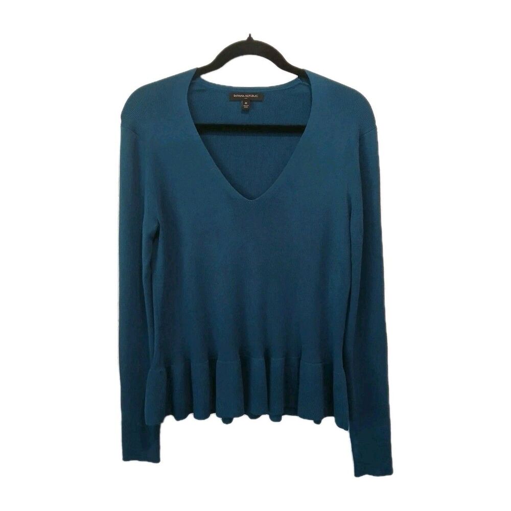 Banana Republic Blue V-Neck Peplum Sweater Medium Wool Blend Fitted Teal Classic
